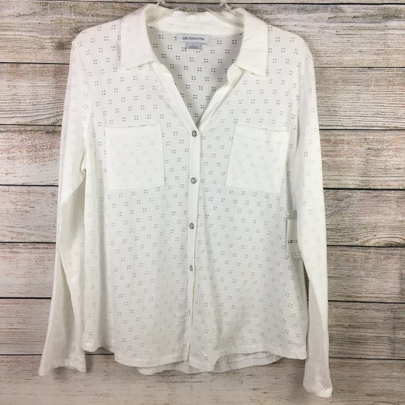 Liz Claiborne Eyelet Roll Cuff Knit Shirt Top Button Up V-Neck - Picture 1 of 12